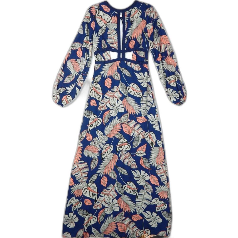 Boohoo Blue White Tropical Floral Maxi Dress Split Sleeve Keyhole Back Size 4
